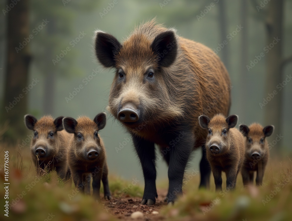Wild Boar Mother And A Group Of Her Babies Standing In The Forest Wild Boar Mother And A Group Of Her Babies Standing In The Forest