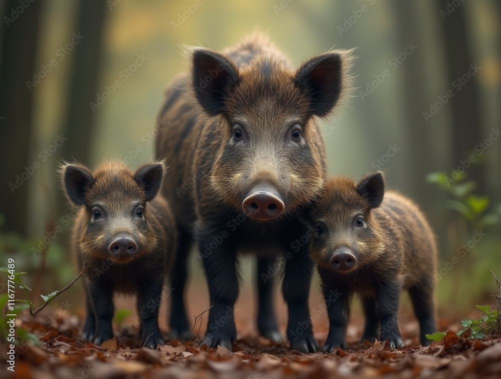 Wild Boar Mother And A Group Of Her Babies Standing In The Forest Wild Boar Mother And A Group Of Her Babies Standing In The Forest