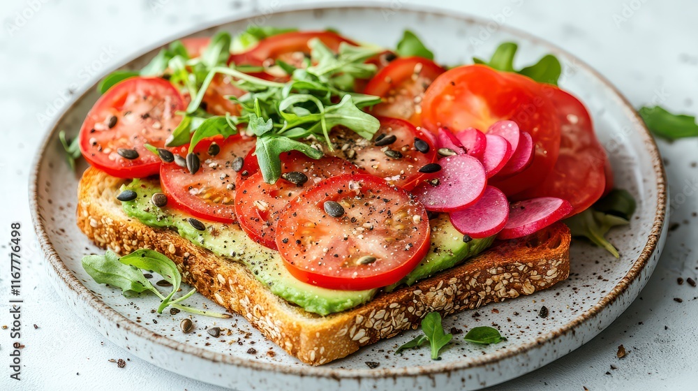 Delicious avocado toast topped with sliced tomatoes, radishes, arugula, and seeds. Delicious avocado toast topped with sliced tomatoes, radishes, arugula, and seeds.