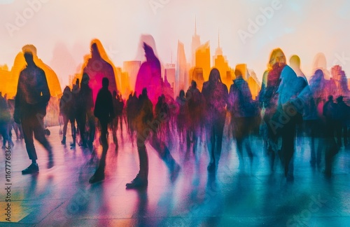 A sea of unidentifiable people wandering along a chaotic city street, capturing the idea of abstract urban existence.