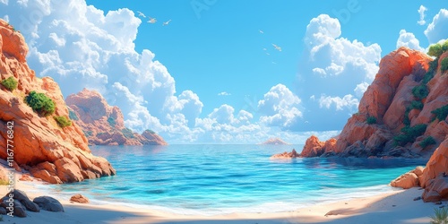 A breathtaking coastal landscape featuring a serene beach with vibrant turquoise waters surrounded by towering orange rock formations under a clear, expansive blue sky