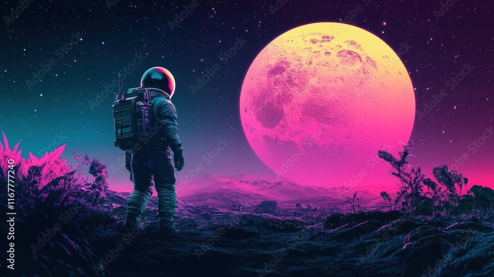 Naklejka premium A vibrant astronaut stands on an alien landscape under a large, colorful moon.