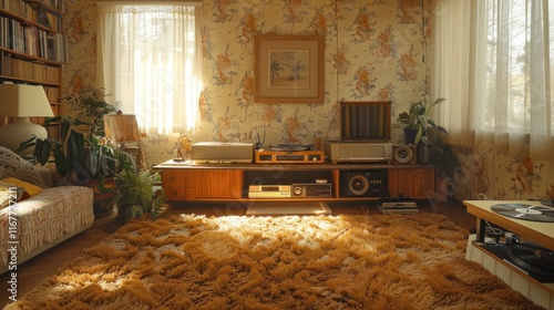 Sunny retro living room with vintage stereo and shaggy rug.