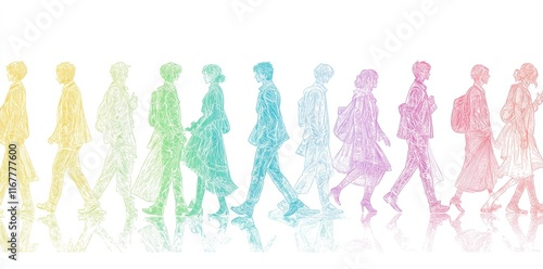 Abstract art showcasing a colorful crowd silhouette creates a seamless pattern. This artwork embodies a multi-ethnic community and cultural diversity, perfect as a wallpaper background or print