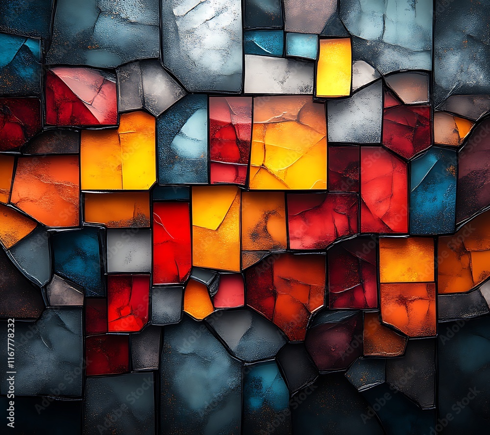 Fototapeta premium Abstract mosaic map with vibrant colors and textured surfaces.