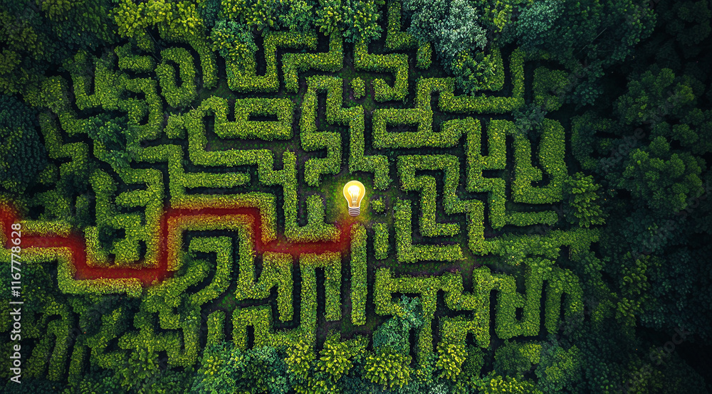 a green labyrinth with the path to the light bulb solution as an idea a green labyrinth with the path to the light bulb solution as an idea