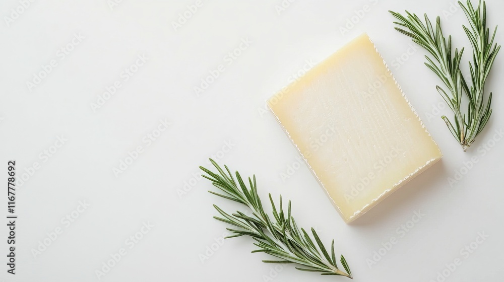 Piece of hard cheese with rosemary on white background. Piece of hard cheese with rosemary on white background.