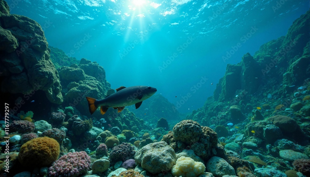 Fototapeta premium Serene underwater coral scene with fish, peaceful marine life