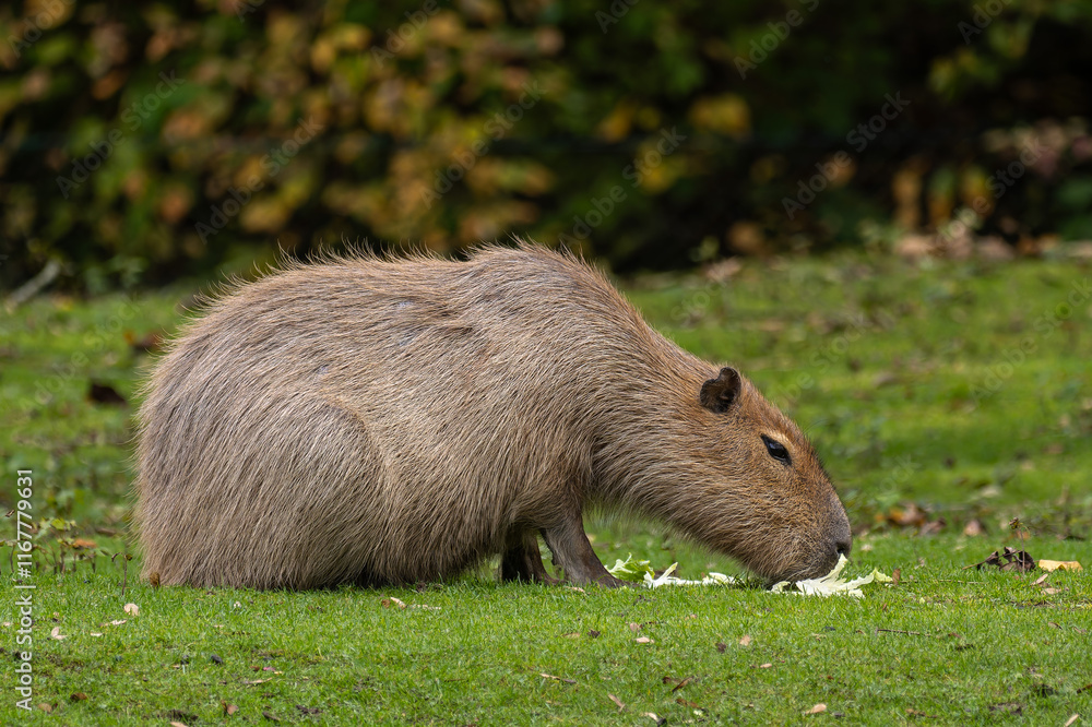 Fototapeta premium Capybara, Hydrochoerus hydrochaeris grazing on fresh green grass