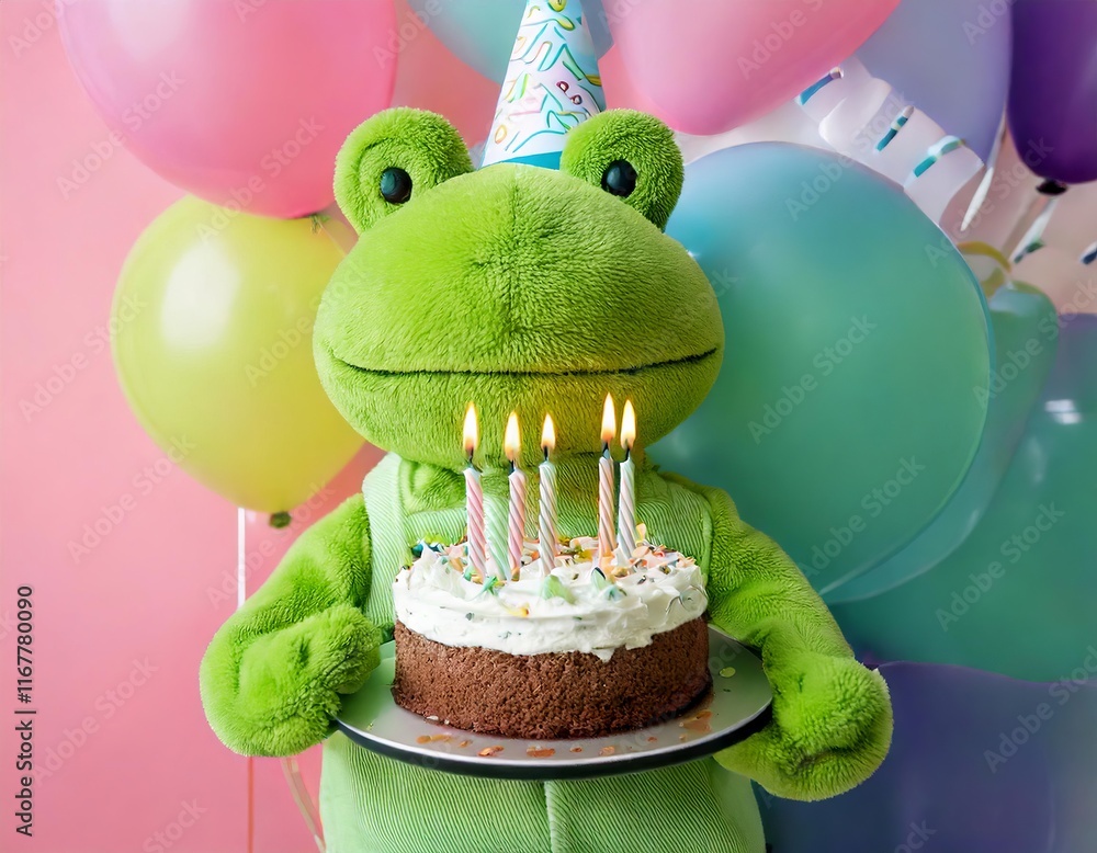 A Cuddly Toy, frog,, holds a birthday cake with candles