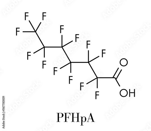 Perfluoroheptanoic acid (PFHpA) PFAS molecule. Skeletal formula.