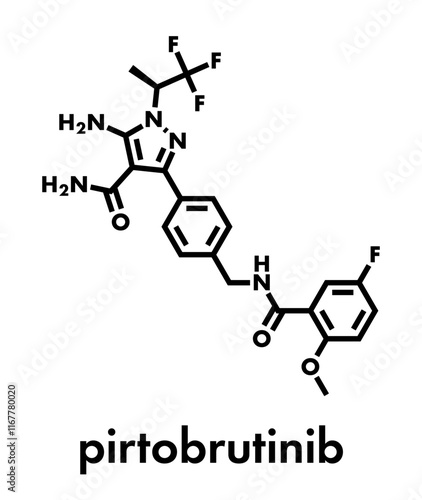 Pirtobrutinib cancer drug molecule. Skeletal formula.