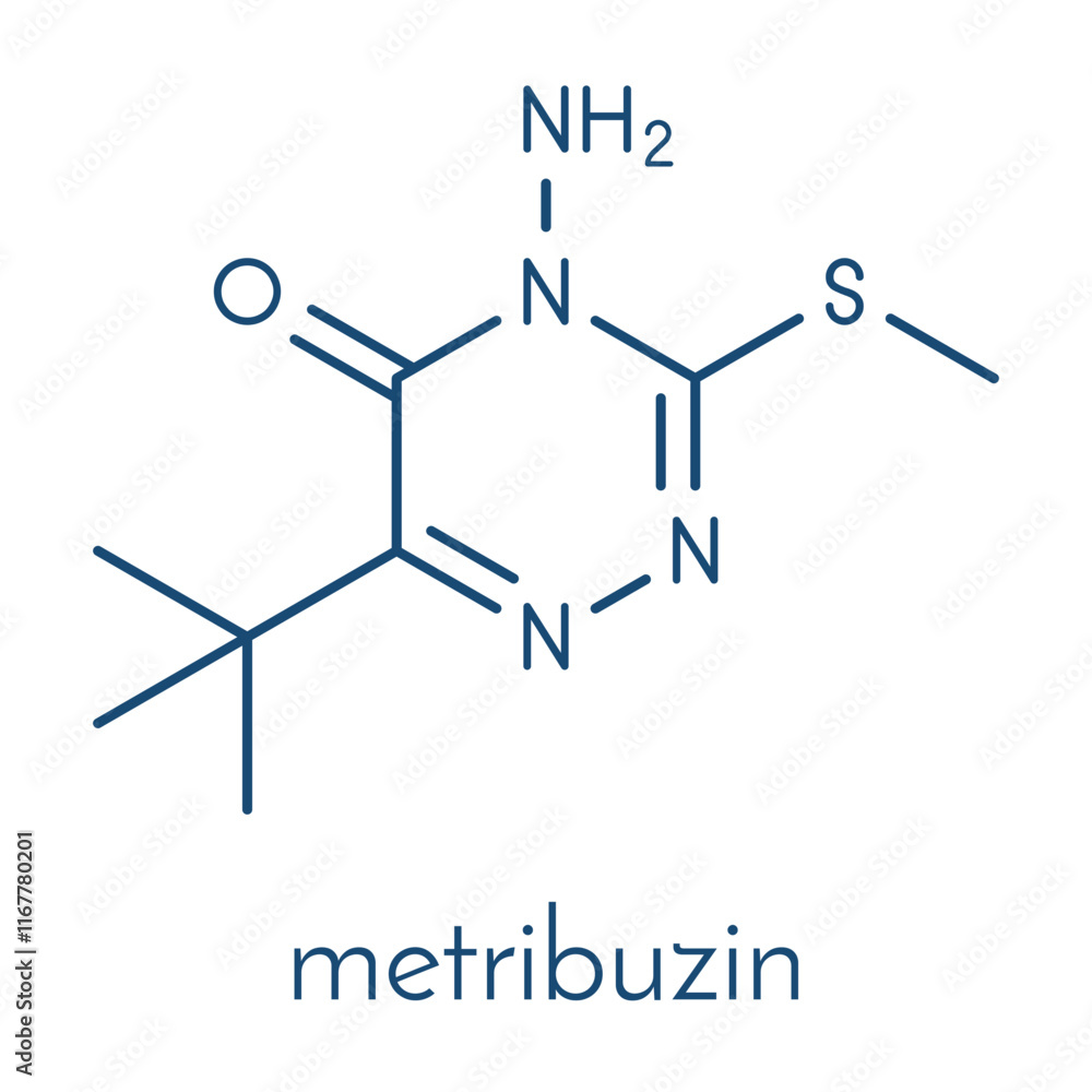 Metribuzin herbicide molecule. Skeletal formula. Metribuzin herbicide molecule. Skeletal formula.