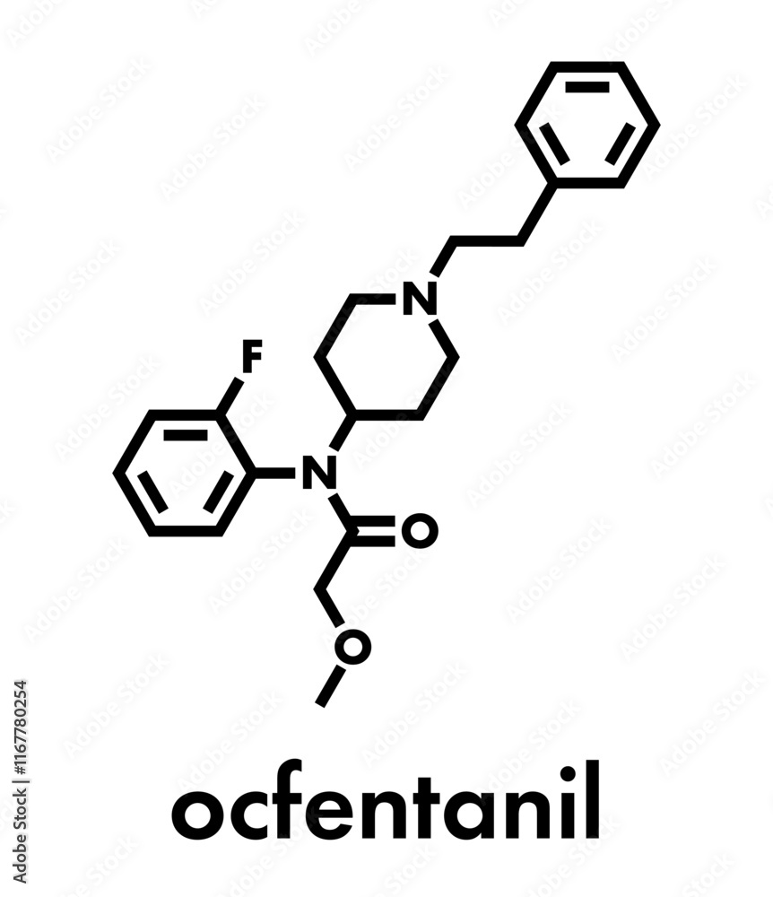 Ocfentanil synthetic opioid drug molecule. Skeletal formula. Ocfentanil synthetic opioid drug molecule. Skeletal formula.