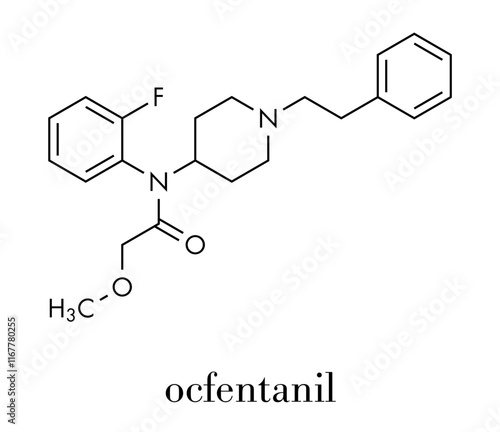 Ocfentanil synthetic opioid drug molecule. Skeletal formula.