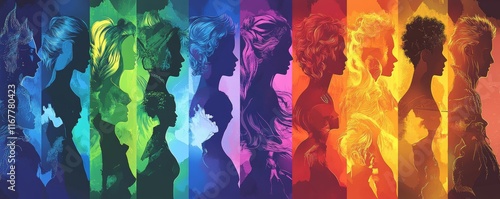 A collection of vibrant, small square shapes, each showcasing the outline of a head or face, forms an abstract illustration of human variety.