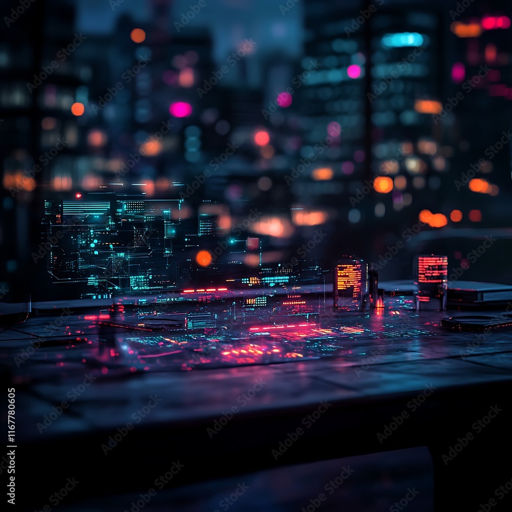 Double exposure of a futuristic workspace and glowing holograms, Double exposure of a futuristic workspace and glowing holograms,