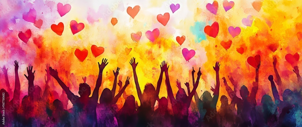 A cheerful watercolor illustration showing a group of people celebrating with raised arms, framed by a colorful background filled with floating hearts, signifying happiness. A cheerful watercolor illustration showing a group of people celebrating with raised arms, framed by a colorful background filled with floating hearts, signifying happiness.