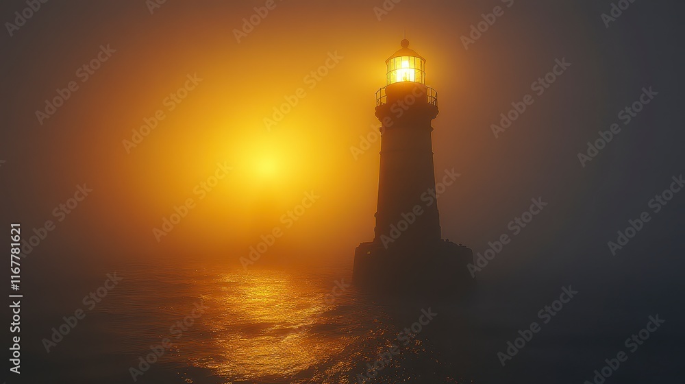 Lighthouse in foggy sea at night, emitting bright light. Lighthouse in foggy sea at night, emitting bright light.