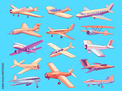 Airplanes. Flying plane transports , airliner jet cargo or passengers aircraft air vehicles, isolated set cartoon vector illustration