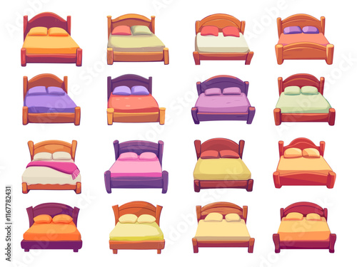 Cartoon wooden beds. Relaxation and sleep furniture, modern and vintage bed room interior elements with comfortable cosy mattress and pillow set vector illustration