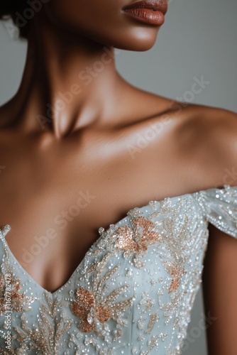  elegant bodice in shimmering light blue fabric with delicate beadwork and floral embroidery, accentuating the waist, romantic and sophisticated mood