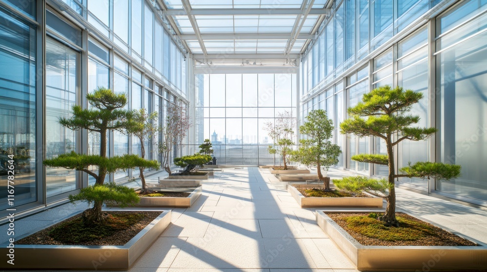 Serene indoor garden with bonsai trees and natural light. Serene indoor garden with bonsai trees and natural light.