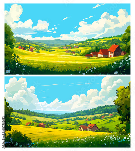 Farms landscapes. Meadow panoramic rural scenes, green color idyllic pasture, rural farm agriculture horizontal cartoon background vector illustration