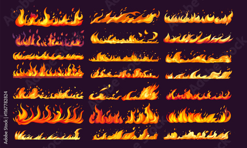 Fire borders. Burn flame frame border glowing burning horizontal lines, tongues of flames vector cartoon design element set vector illustration