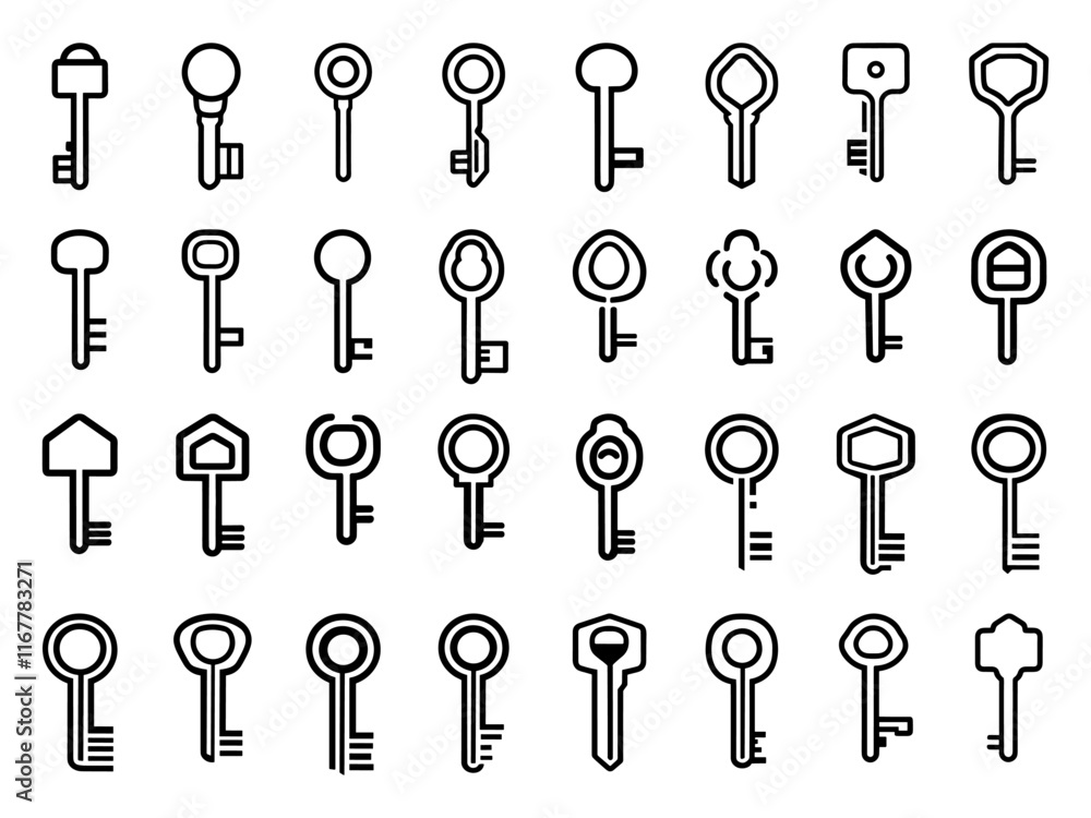Keys logo icons set. Black key simplicity lock open symbol design, outline unlocking signs set vector illustration Keys logo icons set. Black key simplicity lock open symbol design, outline unlocking signs set vector illustration