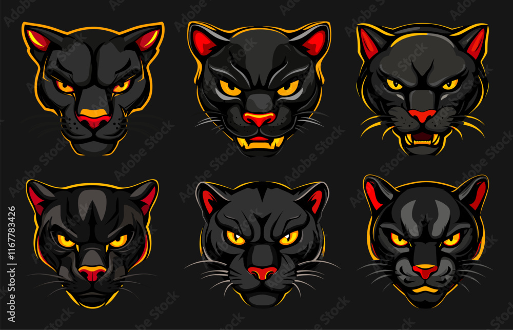 Obraz premium Panteras heads. Pantera face game logo, wild cat logotype animal mascot symbol sport club college team emblem set vector illustration