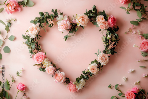 A heart-shaped wreath made of roses, peonies, and delicate greenery on a soft blush backdrop