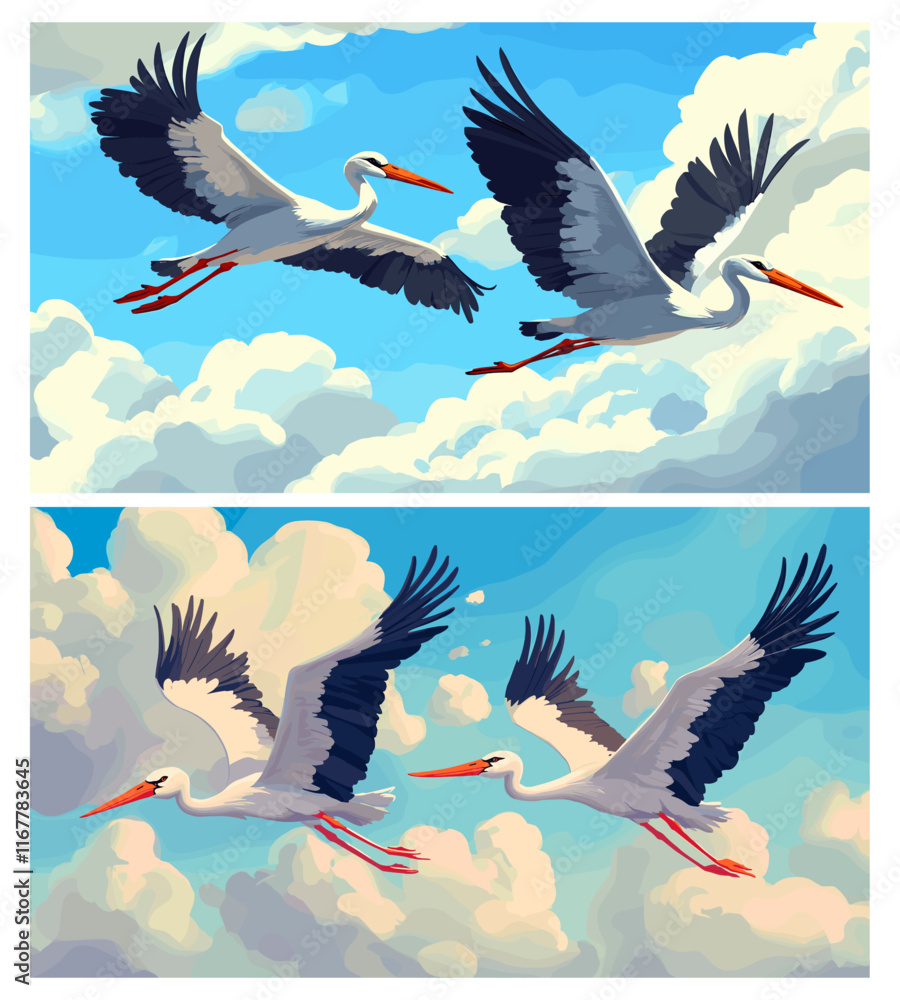 Obraz premium Storks flying sky. Two stork fly in clouds, white birds horizontal cartoon background banner vector illustration