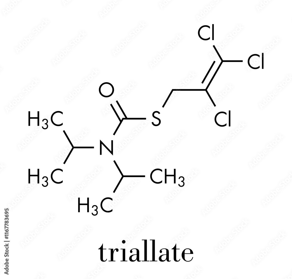 Triallate herbicide molecule. Skeletal formula. Triallate herbicide molecule. Skeletal formula.