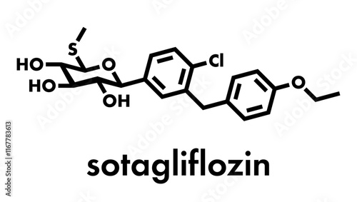 Sotagliflozin drug molecule. Skeletal formula.