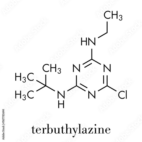 Terbuthylazine herbicide molecule. Skeletal formula.