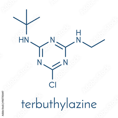 Terbuthylazine herbicide molecule. Skeletal formula.