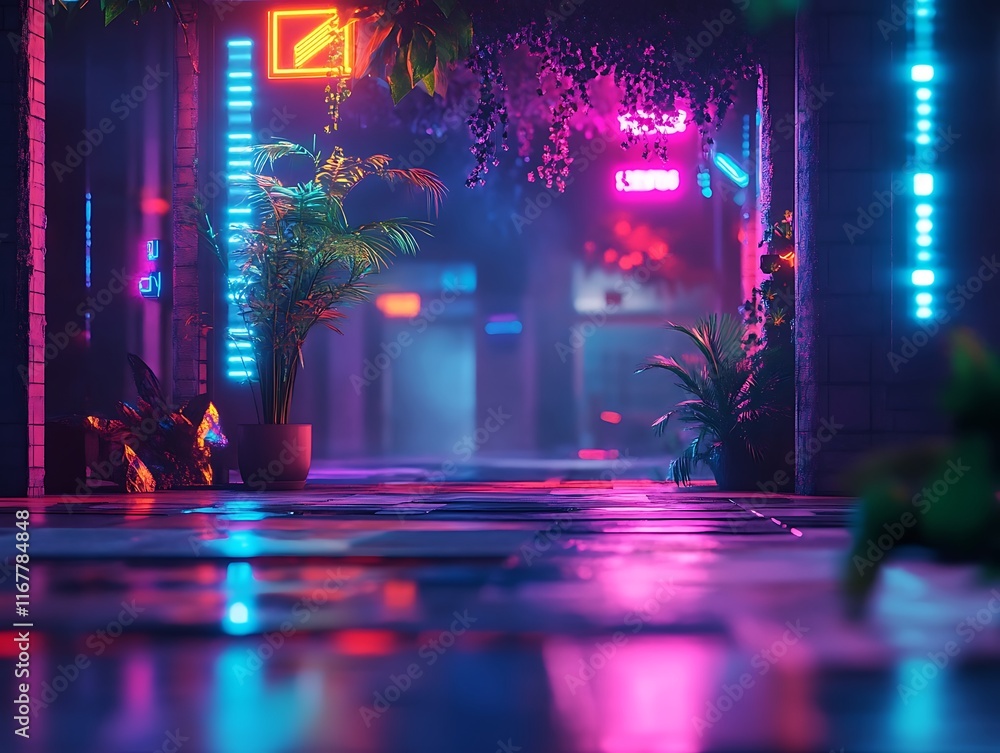 Fototapeta premium Futuristic tech hub with vibrant neon lights and geometric shapes,