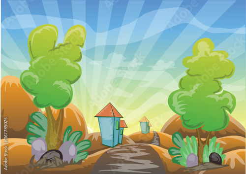 cartoon landscape background with mountain and high building made for all wall surface