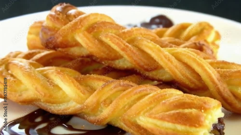 Churros spiraled glossy plate chocolate art golden texture Churros spiraled glossy plate chocolate art golden texture