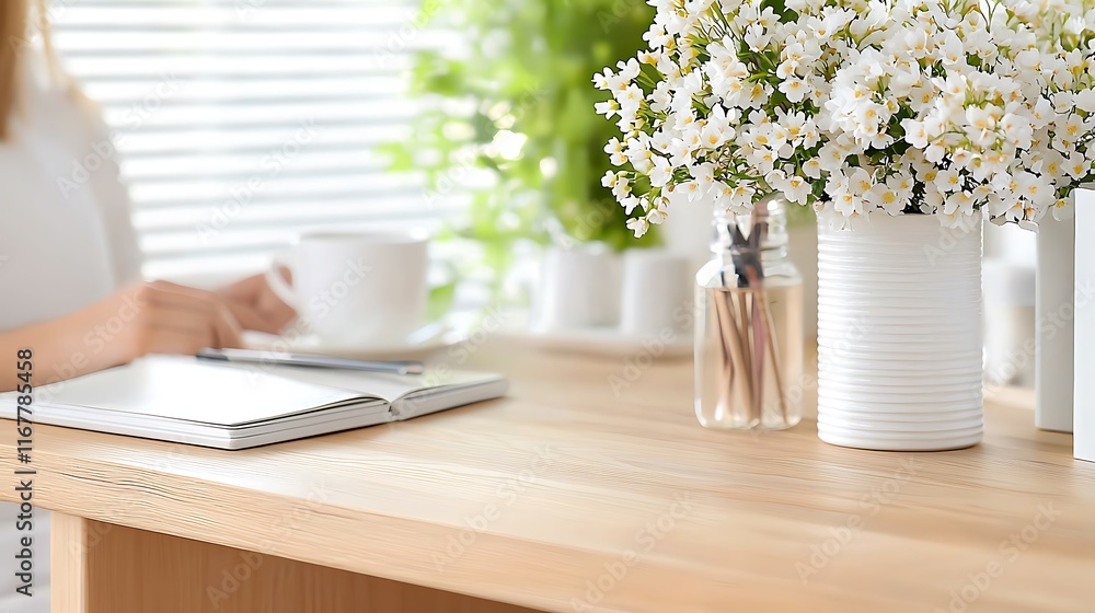 Woman's hands holding a pen over an open notebook on a wooden table with a cup of coffee and flowers in a vase. Woman's hands holding a pen over an open notebook on a wooden table with a cup of coffee and flowers in a vase.