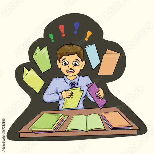 boy working overload with mesh paper on the desk