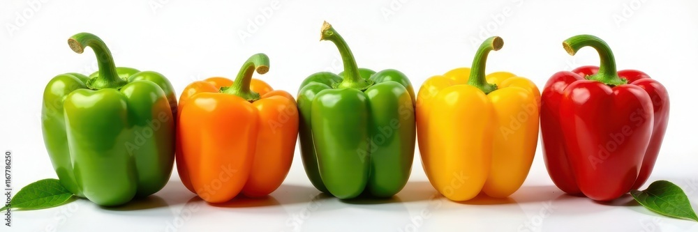 Individual colorful bell peppers placed on a white background with a few green leaves, fruit, vegetables Individual colorful bell peppers placed on a white background with a few green leaves, fruit, vegetables