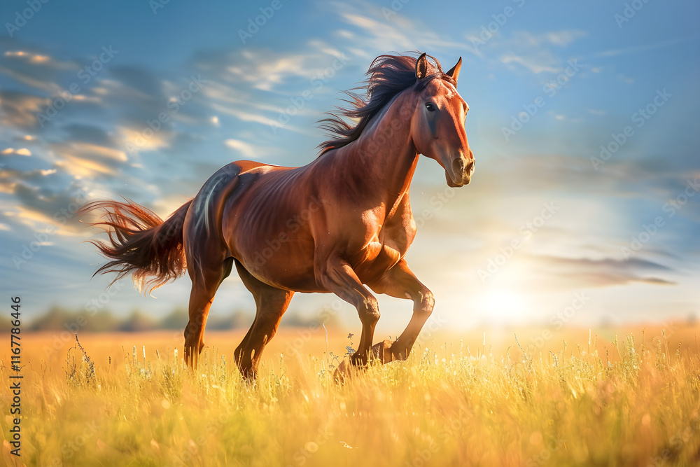 Majestic Horse in Full Gallop Across Open Meadow on Sunny Day Majestic Horse in Full Gallop Across Open Meadow on Sunny Day