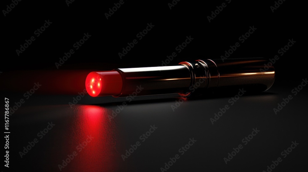 Red lipstick tube on dark background, glowing. Red lipstick tube on dark background, glowing.