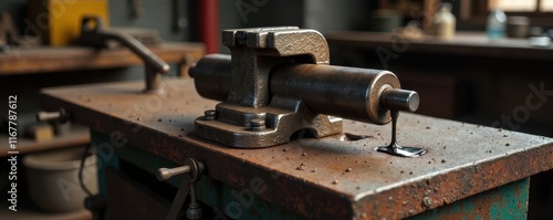 Wallpaper Mural Rusty metal workbench with worn wooden vise, oil drips on the floor, workshop, metal, workbench Torontodigital.ca