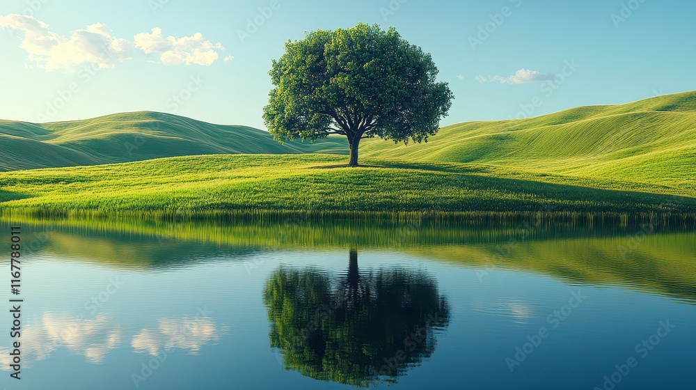 Solitary tree reflected in calm lake, serene landscape. Solitary tree reflected in calm lake, serene landscape.