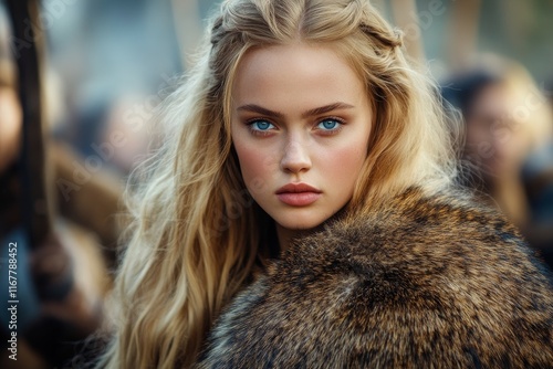 An image of a Nordic viking woman with her long blonde hair braided (Stock) photo