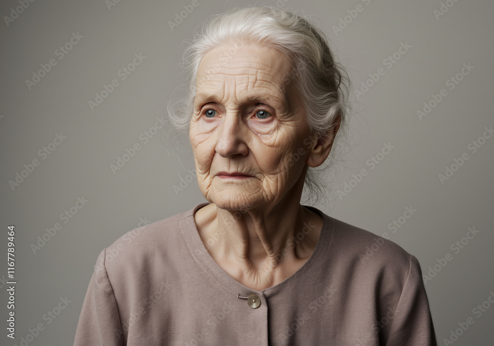 Face portrait mature elderly grandmother, conveying emotional distress and melancholy, feeling of pensive sadness, she is lost in thought - isolated background Face portrait mature elderly grandmother, conveying emotional distress and melancholy, feeling of pensive sadness, she is lost in thought - isolated background
