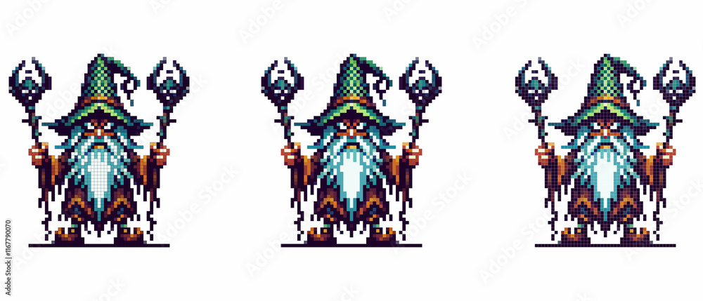 Pixel art wizard in a green pointed hat with a white beard holding two staffs with glowing blue orbs against a white background Pixel art wizard in a green pointed hat with a white beard holding two staffs with glowing blue orbs against a white background